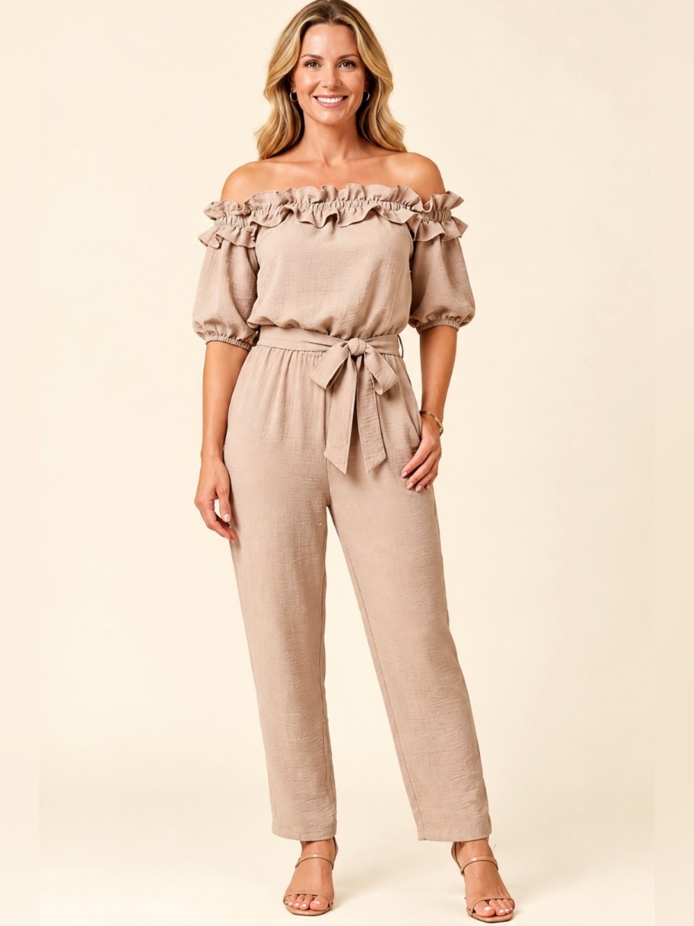 Chic Me Off-Shoulder Ruffle Jumpsuit in Taupe